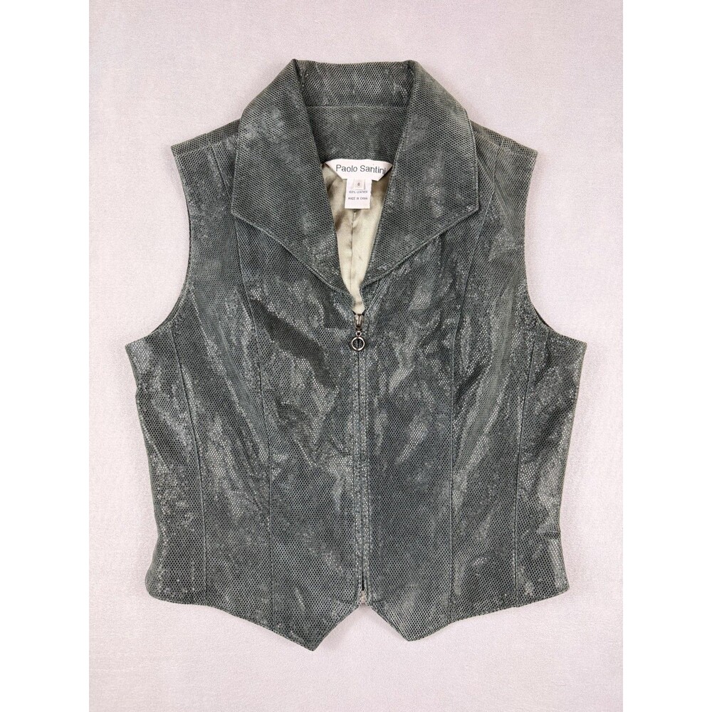 Vintage Paolo Santini Women's 6 Genuine Leather Moto Vest Green Gray Zip Y2K - Picture 4 of 11